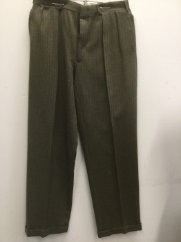 POLO, Olive Green, Gold, Wool, Herringbone, 2 Pleated Front, Cuffed, Slit Pockets