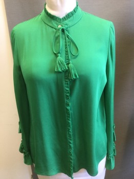 KOBIE HALPERIN, Kelly Green, Silk, Solid, Band Neck, Raw Edge Ruffle on Collar and Placket, Button Front, Long Sleeves with Ruffle