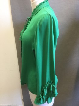 KOBIE HALPERIN, Kelly Green, Silk, Solid, Band Neck, Raw Edge Ruffle on Collar and Placket, Button Front, Long Sleeves with Ruffle