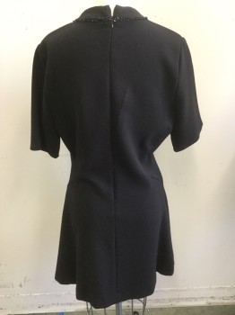 Womens, Cocktail Dress, ZARA BASICS, Black, Polyester, Lycra, Solid, L, Mock Neck with Black Beading Around Collar, Short Sleeves, Front Sides Pleated Detail, Back Zipper,