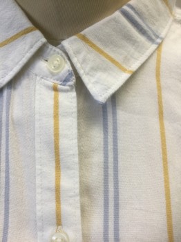 ABERCROMBIE & FITCH, White, Lt Blue, Yellow, Cotton, Viscose, Stripes - Vertical , White with Yellow and Light Blue Vertical Stripes, Folded Cap Sleeves, Button Front, Collar Attached, Boxy/Oversized Fit