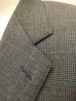 Mens, Sportcoat/Blazer, CANALI, Gray, Black, Red, Wool, Glen Plaid, Grid , 44XL, Gray with Black Glenplaid Checks, Faint Red Grid Lines, Single Breasted, Notched Lapel, 2 Buttons,  3 Pockets, Solid Dark Gray Lining