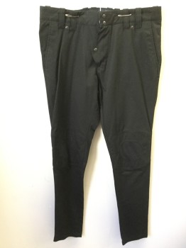 Mens, Casual Pants, ZARA MAN, Black, Poly/Cotton, Solid, 36/32, Zip Fly with Curved Snap Panel Front, 4 Pockets, Double Belt Loops, Knee Panels with Circle Cutouts, V-shaped Back Panel