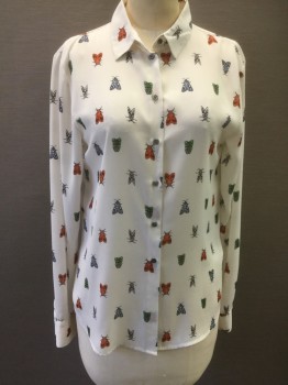 Womens, Blouse, H&M, Off White, Orange, Blue, Green, Polyester, Insects Print, 6, Multi Color Moth Motif, B.F., C.A., L/S,