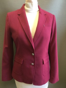 Womens, Blazer, BANANA REPUBLIC, Red Burgundy, Polyester, Wool, Solid, 10, Gabardine, 2 Silver Embossed Metal Buttons, Notched Lapel, 3 Pockets Including 2 Flap Pockets at Front Hips, Lining is White and Gray Vertical Stripes