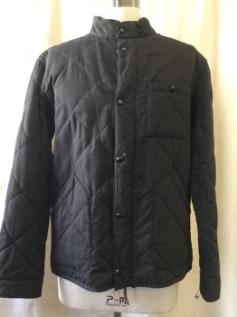 Mens, Casual Jacket, JCREW, Heather Gray, Poly/Cotton, Solid, XL, Diamond Quilted, Zip & Button Front, Stand Collar, 3 Pockets,