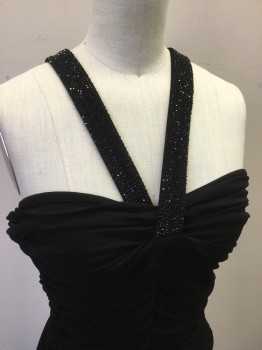 Womens, Cocktail Dress, ARMANI, Black, Viscose, Elastane, Solid, 4, Horizontal Draped From Sides Toward Center Front, Side Zip, Beaded V Strap Crossed in Back, Gored Skirt, U Shape Open Back with Beaded Knot