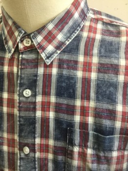 AMERICAN RAG, Navy Blue, Maroon Red, White, Cotton, Plaid-  Windowpane, Faded, Faded/Mottled Dye Look, Inside Looks Fully Saturated, Long Sleeve Button Front, Collar Attached, 1 Patch Pocket