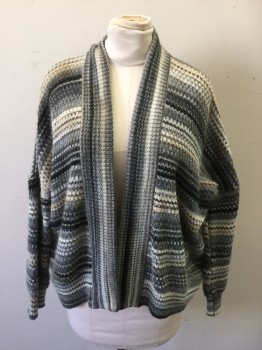 Womens, Sweater, ZADIG & VOLTAIRE, Gray, Charcoal Gray, Peachy Pink, Black, Lt Gray, Wool, Acrylic, Stripes, M/L, Ribbed Knit Open Front, Long Sleeves, Ribbed Knit Cuff/Waistband, Center Back Seam, Dropped Armhole