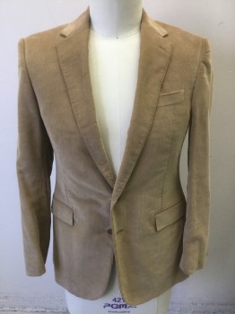 RALPH LAUREN, Tan Brown, Cotton, Solid, Corduroy, Single Breasted, Notched Lapel, 2 Buttons, 3 Pockets