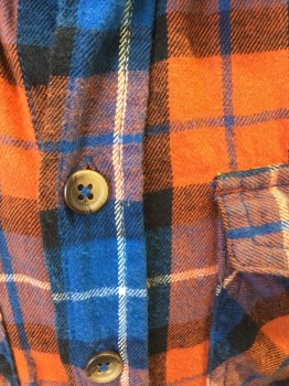 ARIZONA, Red, Royal Blue, Black, White, Cotton, Plaid, Flannel Shirt, Collar Attached, Button Front, Long Sleeves, Pocket Flaps