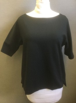 EILEEN FISHER, Black, Tencel, Nylon, Solid, Stretch Ponte, 3/4 Sleeve, Bateau/Boat Neck, Pullover, Oversized Boxy Fit, Vents at Side Hem
