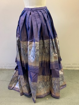 Womens, Historical Fiction Skirt, MTO, Iridescent Purple, Rose Gold Metallic, Silver, Silk, Solid, W26-30, 2 Tier Pleated Silk, Silver and Rose Gold Screen Print of Lace, Hooks & Bars for 26"-30", 1830s Ball Gown