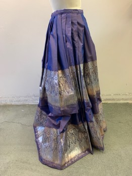 MTO, Iridescent Purple, Rose Gold Metallic, Silver, Silk, Solid, 2 Tier Pleated Silk, Silver and Rose Gold Screen Print of Lace, Hooks & Bars for 26"-30", 1830s Ball Gown