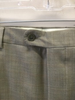 EMILIO YUSTE, Taupe, Brown, Wool, Glen Plaid, Check - Micro , Taupe with Faint Brown Microcheck Glenplaid, Flat Front, Button Tab Waist, Zip Fly, 4 Pockets, Straight Leg