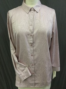 CHICO'S, Mauve Pink, Polyester, Paisley/Swirls, Jacquard, Long Sleeve Button Front, Collar Attached
