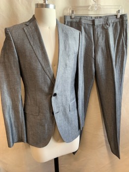  BOSS, Graphite Gray, Silk, Linen, Solid, Single Breasted, 2 Buttons,  Notched Lapel, Top Stitch, Double Vent Back