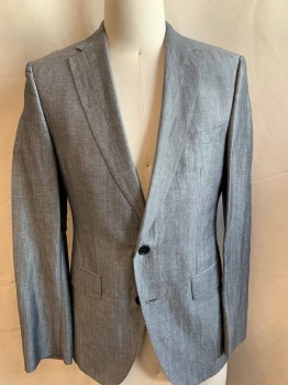  BOSS, Graphite Gray, Silk, Linen, Solid, Single Breasted, 2 Buttons,  Notched Lapel, Top Stitch, Double Vent Back