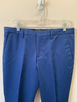 EXPRESS, Navy Blue, Cotton, Polyester, Solid, Flat Front, Slim Leg, Zip Fly, 5 Pockets Including 1 Watch Pocket, Belt Loops