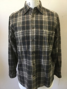 FIELDMASTER, Charcoal Gray, Brown, Khaki Brown, Wool, Plaid, Button Front, Collar Attached, Long Sleeves, 2 Pocket,