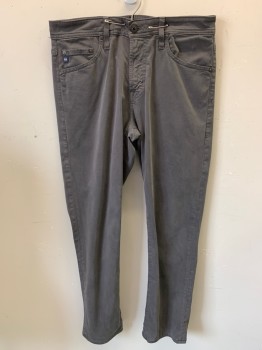 Mens, Casual Pants, ADRIANO GOLDSCHMEID, Gray, Cotton, Elastane, Solid, L30, W31, Slim, Zip Front, Button Closure, 5 Pockets, Back Pocket Swirl Top Stitch, Leather Logo Patch, Black Chrome Notions