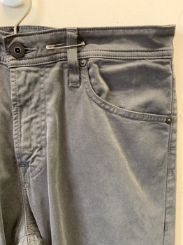 Mens, Casual Pants, ADRIANO GOLDSCHMEID, Gray, Cotton, Elastane, Solid, L30, W31, Slim, Zip Front, Button Closure, 5 Pockets, Back Pocket Swirl Top Stitch, Leather Logo Patch, Black Chrome Notions