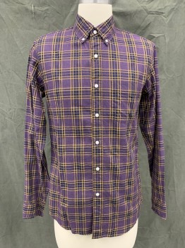 J. CREW, Purple, Yellow, Navy Blue, Cotton, Plaid, Button Front, Collar Attached, Button Down Collar, Long Sleeves, Button Cuff