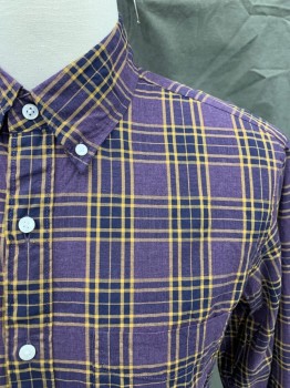 J. CREW, Purple, Yellow, Navy Blue, Cotton, Plaid, Button Front, Collar Attached, Button Down Collar, Long Sleeves, Button Cuff