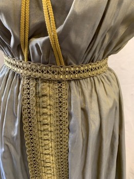 Womens, Historical Fiction Dress, MTO, Putty/Khaki Gray, Gold, Lurex, Polyester, Solid, Floral, W 30, Gold Shimmering Putty with Slight Floral Pattern, Gold Tap Scoop Neck, Gathered at Neck and Shoulders, Dolman Cap Sleeve, Elastic Gathered Waist, Gold Rope Trim in X Front, Brassy Brocade Ribbon Panel with Trim, Belt Matching the Trim, Ankle Length, Off White Gauzy Lining