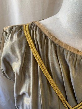 MTO, Putty/Khaki Gray, Gold, Lurex, Polyester, Solid, Floral, Gold Shimmering Putty with Slight Floral Pattern, Gold Tap Scoop Neck, Gathered at Neck and Shoulders, Dolman Cap Sleeve, Elastic Gathered Waist, Gold Rope Trim in X Front, Brassy Brocade Ribbon Panel with Trim, Belt Matching the Trim, Ankle Length, Off White Gauzy Lining
