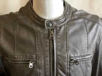 Mens, Leather Jacket, LEVI'S, Gray, Leather, Polyester, Solid, L, Mandarin/Nehru Collar with 1 Metal Snap, Zip Front, 3 Vertical Seams on Each Side, Fc0773174 Pockets with Zipper, Long Sleeves with 1" Horizontal Quilt at Elbow Area, Olive Lining