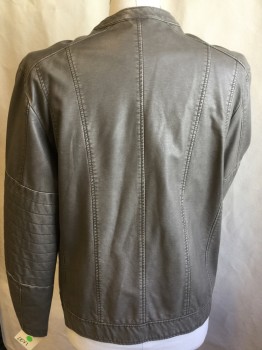Mens, Leather Jacket, LEVI'S, Gray, Leather, Polyester, Solid, L, Mandarin/Nehru Collar with 1 Metal Snap, Zip Front, 3 Vertical Seams on Each Side, Fc0773174 Pockets with Zipper, Long Sleeves with 1" Horizontal Quilt at Elbow Area, Olive Lining