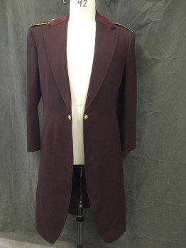 Mens, Coat, Doorman, PIERRE OF PARIS, Maroon Red, Gold, Polyester, Wool, Solid, 42, Maroon Velvet Collar, Notched Lapel, Two Gold Buttons, Epaulets with Metallic Gold Ribbon and Gold Button, Long Cutaway Coat, 2 Pleats at Back Waist with Button Detail, 1 Back Vent