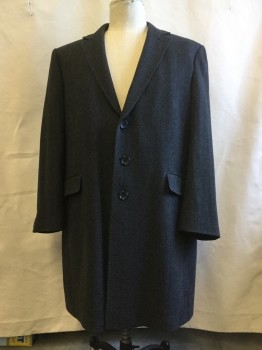 Mens, Coat, Overcoat, NO LABEL, Charcoal Gray, Gray, Wool, Herringbone, 48 US, Single Breasted, 3 Button Front, Notched Lapel, 2 Pockets, back Vent, Fully Lined