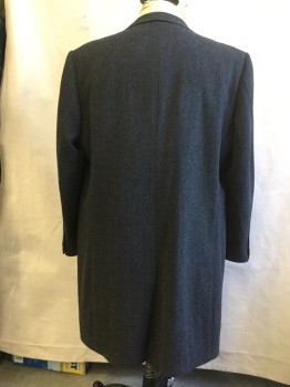 Mens, Coat, Overcoat, NO LABEL, Charcoal Gray, Gray, Wool, Herringbone, 48 US, Single Breasted, 3 Button Front, Notched Lapel, 2 Pockets, back Vent, Fully Lined