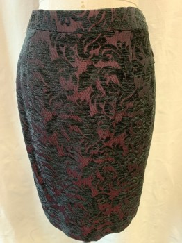 TAHARI, Wine Red, Black, Acrylic, Acetate, Leaves/Vines , Pencil Skirt, Zip Back, Below the Knee