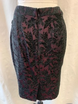 Womens, 1990s Vintage, Suit, Skirt, TAHARI, Wine Red, Black, Acrylic, Acetate, Leaves/Vines , W:27, Pencil Skirt, Zip Back, Below the Knee