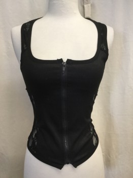 JAW BREAKER, Black, Polyester, Solid, Floral, Stretch Knit Corset Like Tank, Décolletage. Lace Up Back, Zip Front From Bottom to Top, Sheer Lace Inserts Yoke and Side Panels, Multiples