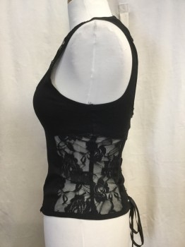 Womens, Top, JAW BREAKER, Black, Polyester, Solid, Floral, B34, S, W25, Stretch Knit Corset Like Tank, Décolletage. Lace Up Back, Zip Front From Bottom to Top, Sheer Lace Inserts Yoke and Side Panels, Multiples