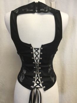 Womens, Top, JAW BREAKER, Black, Polyester, Solid, Floral, B34, S, W25, Stretch Knit Corset Like Tank, Décolletage. Lace Up Back, Zip Front From Bottom to Top, Sheer Lace Inserts Yoke and Side Panels, Multiples