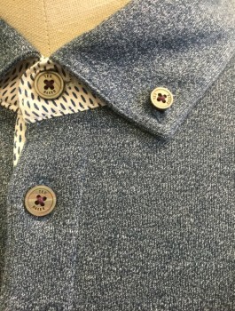 TED BAKER, Slate Blue, Cotton, Polyester, Heathered, Jersey, Long Sleeves, Collar Attached, 3 Button Placket, Button Down Collar, 1 Welt Pocket