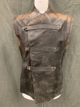 Mens, Vest, MTO, Dk Brown, Leather, Solid, 42, Crossover Front, 3 Attached Tab with Silver Closure Mechanism, Cap Sleeves, Angled Stand Collar, Aged/Distressed, Multiple