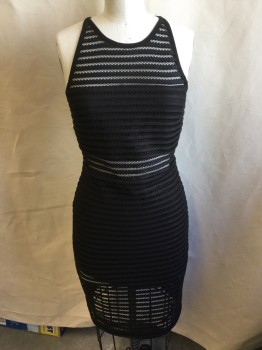 Womens, Cocktail Dress, PARKER, Black, Polyester, Solid, Stripes - Horizontal , L, Honey Comb Net with Solid Black Horizontal Stripes, Solid Black Trim Round Neck and 1/2" Straps, Partial Black Lining, Zip Back,