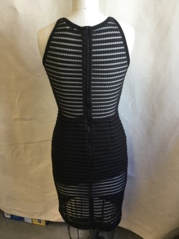 Womens, Cocktail Dress, PARKER, Black, Polyester, Solid, Stripes - Horizontal , L, Honey Comb Net with Solid Black Horizontal Stripes, Solid Black Trim Round Neck and 1/2" Straps, Partial Black Lining, Zip Back,