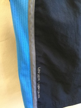Mens, Shorts, UNDER ARMOUR, Black, Gray, Blue, Polyester, Spandex, Color Blocking, M, Black with Gray & Blue Side Stripe Detail, Elastic Waist, Athletic Running Short