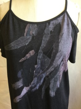 ALL SAINTS, Charcoal Gray, Blue, Purple, Pink, Gray, Polyester, Cotton, Heathered, Novelty Pattern, Heather Feather Print, Wide Neck, Spaghetti Straps with Cut-out Shoulder Short Sleeves, 2" Side Slit Hem