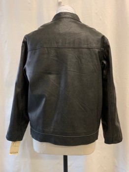 Mens, Leather Jacket, ARIZONA, Faded Black, Brown, Faux Leather, Polyester, Solid, Stripes, XL, Zip Front, Collar Tab with Snap Button, 2 Zip Pockets, Brown Yolk Piping Trim, Brown Stripes Down Sleeve