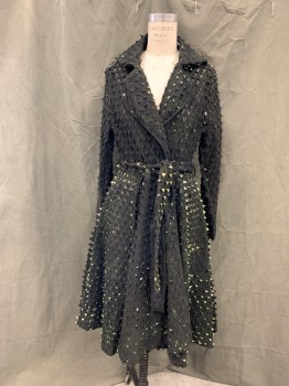 Womens, Sci-Fi/Fantasy Jacket, WHY DRESS, Black, Silver, Green, Synthetic, Geometric, W 30, B 36, M, Traingle Cut Out Flaps with Silvery Green Underside, Mesh Lining, Double Breasted, Collar Attached, Notched Lapel, Long Sleeves, Self Belt