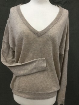 ZADIG & VOLTAIRE, Camel Brown, Cashmere, Heathered, Long Sleeves,  Wide V-neck,  Perforated Detailing  ,  Ribbed Cuffs, Neck, and Hem