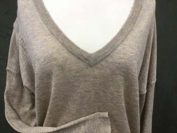Womens, Pullover, ZADIG & VOLTAIRE, Camel Brown, Cashmere, Heathered, S, Long Sleeves,  Wide V-neck,  Perforated Detailing  ,  Ribbed Cuffs, Neck, and Hem
